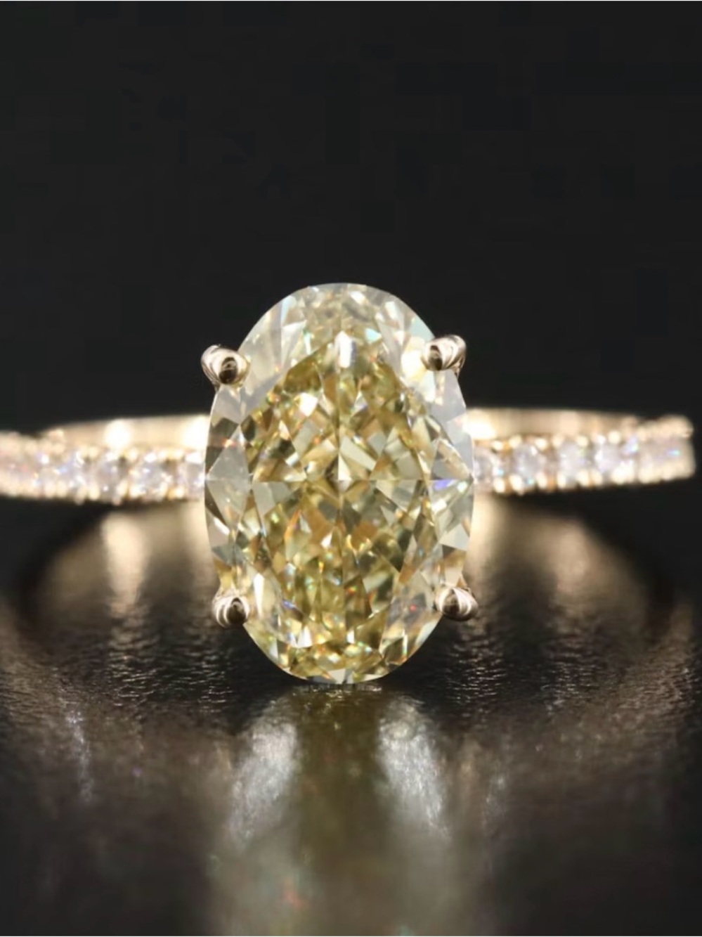 Yellow Oval Diamond Solitaire Ring with Pavé Band